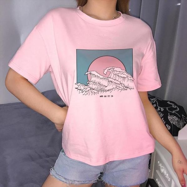 

new harajuku ocean wave printed pink t shirt japanese art ukiyoe aesthetic clothes summer simple fashion streetwear tees, White