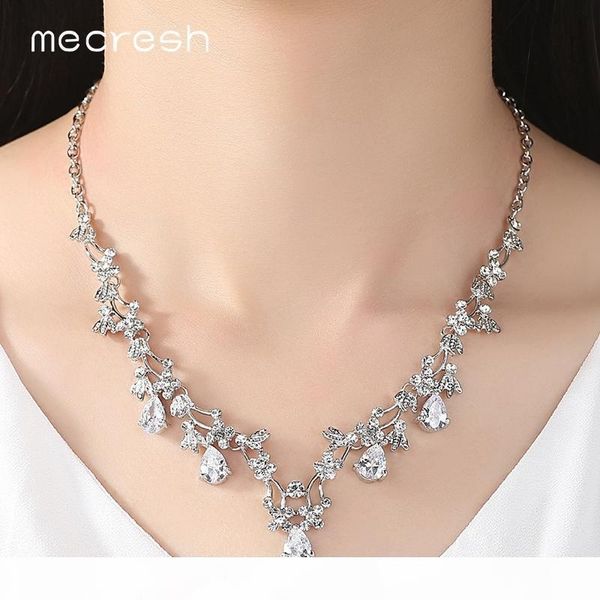 

f mecresh luxury leaf -shape cubic zirconia bridal jewelry sets crystal wedding necklace earrings tiara sets jewelry mtl500 +hg126 d181, Silver