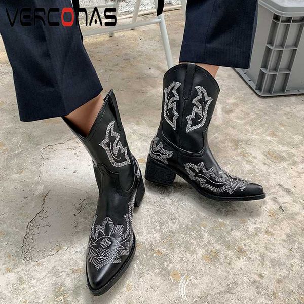 

boots verconas women mid-calf brand fashion cool genuine leather autumn winter retro casual embroider short western woman, Black