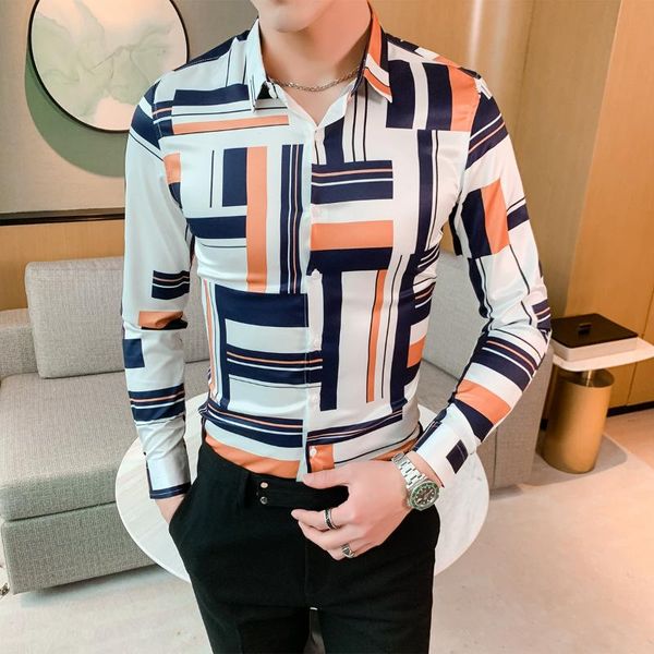 

gzdeerax men shirts luxury geometric all printed long sleeve casual mens dress shirts slim fit korean shirt 4xl, White;black