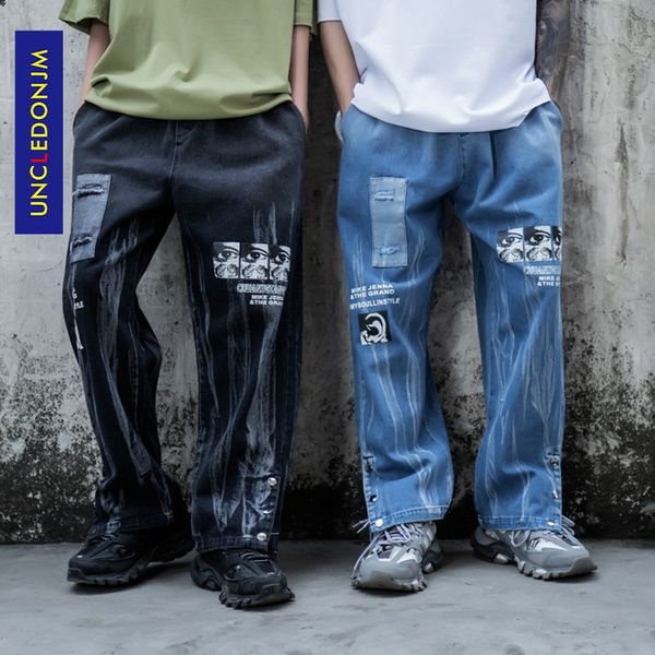 

uncledonjm graffiti denim overall men's national trends men's hip hop streetwear elastic waist mens jeans m912, Blue