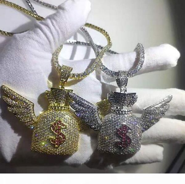 

14k gold iced out wings money bag pendant bling micro pave cubic zirconia simulated diamonds dollar sign 3mm 24inch tennis chain, Silver