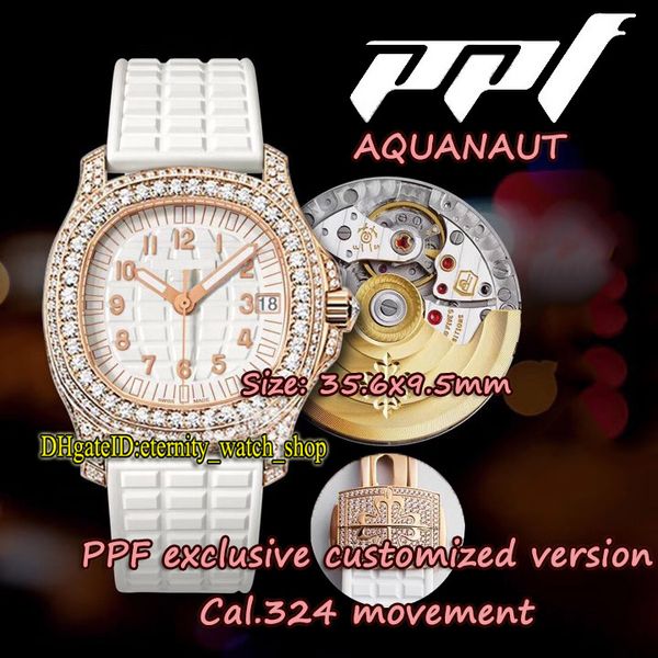 High-End PPF 5069R-001 Cal.324 s C Automática Mulher Relógios Branco Dial 18k Rose-Gold Completo Diamante Inlay Caso Gelado para fora Eternity Lady Relógios