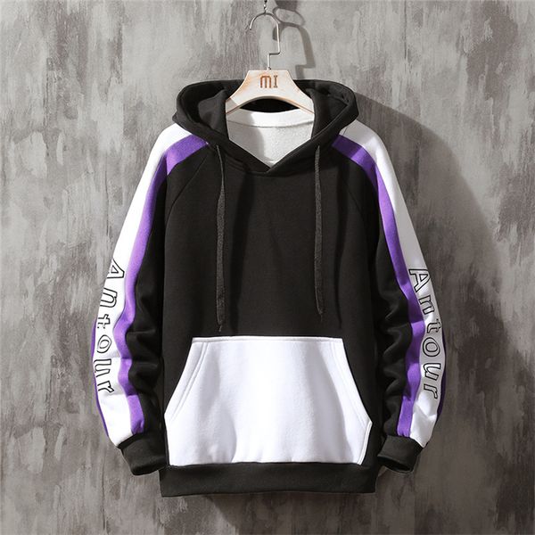 

skateboard contrast color mens hoodies autumn winter letter hooded fleece patchwork high street loose mens, Black