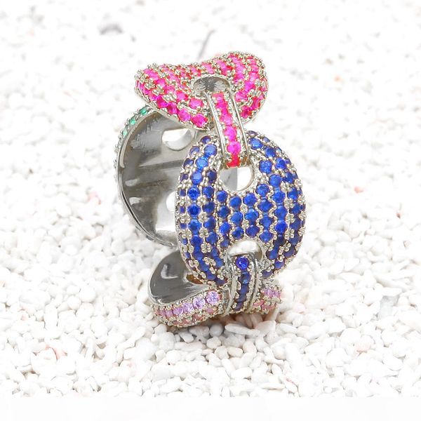 

hip hop men's new coffee beans micro-inlaid zircon ring color zircon pig nose ring hiphop iced out ring, Golden;silver