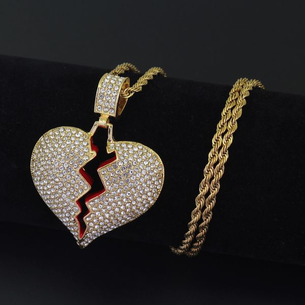 

2020 новый высокое качество broken heart ожерелье hip hop ожерелья полностью iced out bling rhinestone женщины мужчины ювелирные изделия с 2, Silver