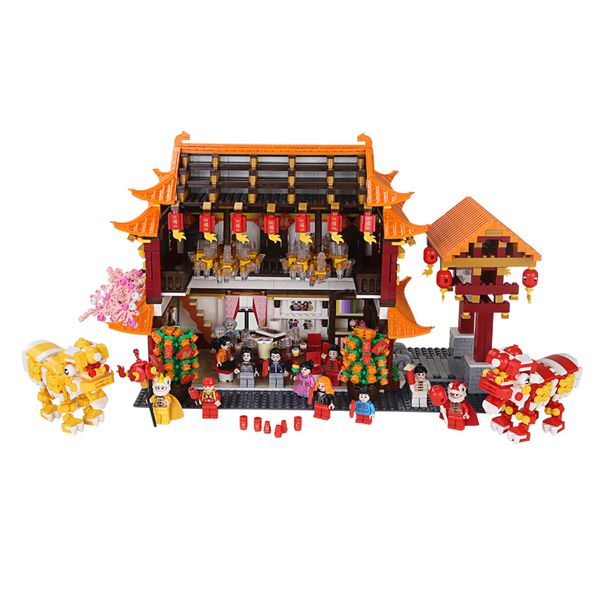 

3027pcs building block chinese spring festival family reunion dinner classic kits model lion dragon dance toys for children 03