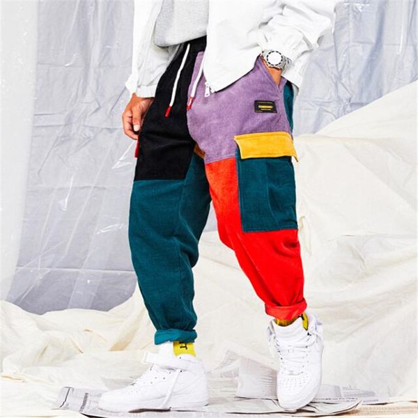 

hip hip pants vintage color block patchwork corduroy cargo harem pant streetwear harajuku jogger sweatpant cotton trousers 2020, Black