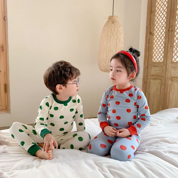 

fashion children kids boys girls pajama set long sleeve pajamas cartoon fruit apple printed cotton kids homewear clothes, White