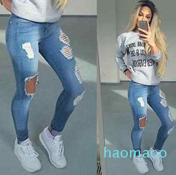 

stylish women's pencil stretch casual hole denim pants high waist jeans trousers, Blue