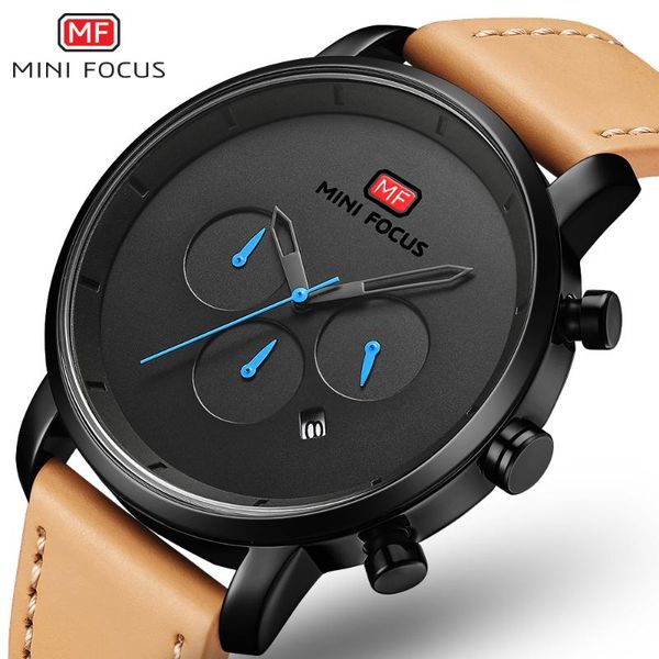 

mini focus watches mens 2020 fashion quartz sport watches for men multi-function slim men's watch leather watch men wristwatch, Slivery;brown