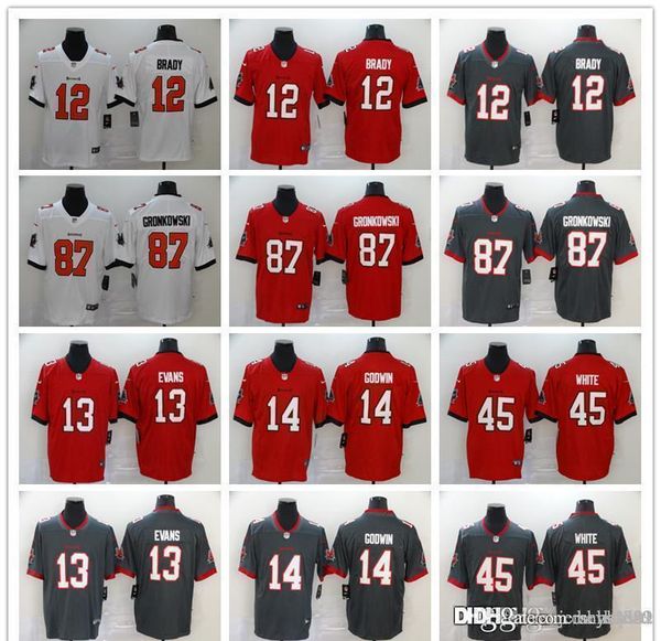 

2020 men tampa bay buccaneers youth 12 tom brady 87 rob gronkowski 14 chris godwin 13 mike evans 45 devin white football jerseys, Black;red