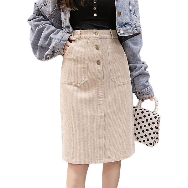 

2020 streetwear corduroy skirts womens autumn winter high waist button midi skirt plus size harajuku ladies skirt jupe femme, Black
