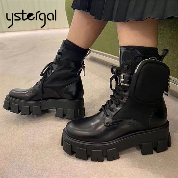 

ystergal pocket design women ankle boots thick sole platform shoes woman short booties lace-up botas mujer runway autumn shoes, Black