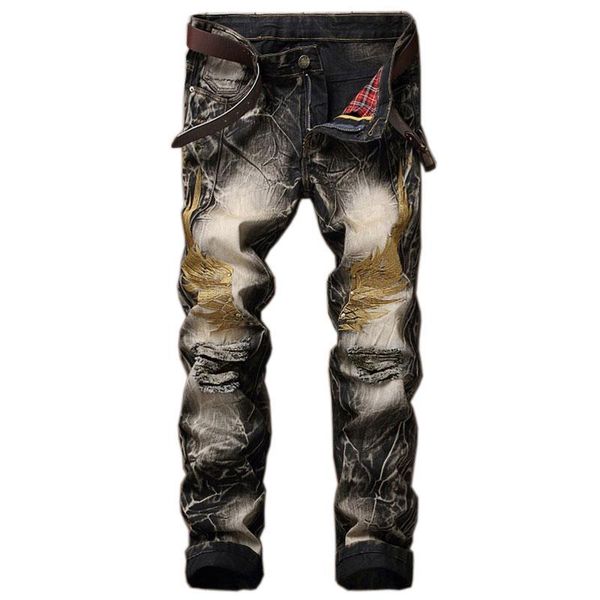 

Unique Mens Vintage Wing Embroidery Jeans Fashion Designer Straight Leg Slim Fit Denim pants Hip Hop Trousers JB8731