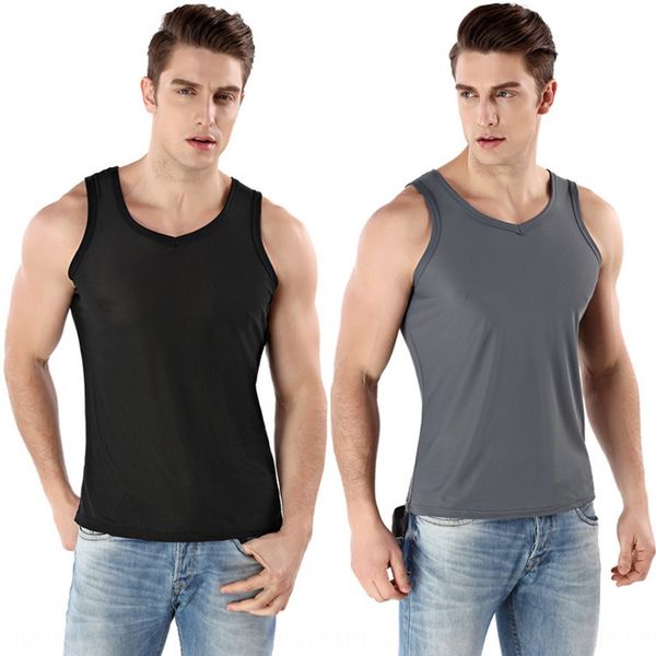 

men' wide-shoulder slim ice silk mesh breathable v-neck fitness sports stretch solid vest silk vest color base wide back, White;black