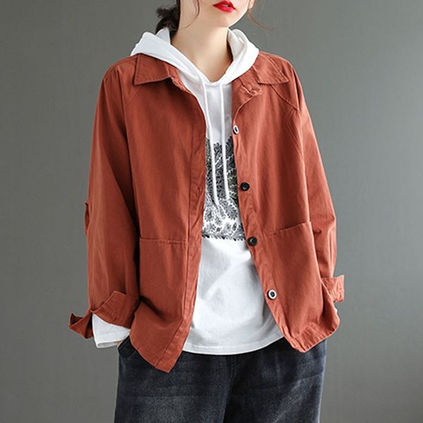 

johnature simple leisure turn-down collar single breasted long sleeve all-match coats 2020 autumn new women 4 color fashion coat, Black;brown