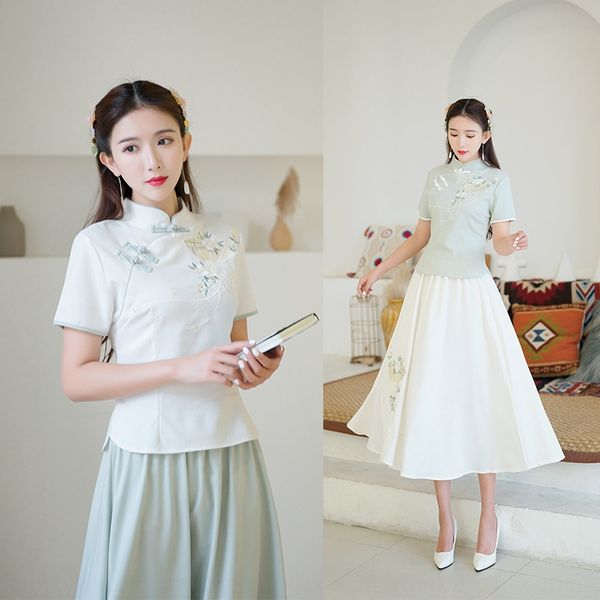 

y7956 artistic republic of china tea coat women's summer embroidered st cotton and linen shirt collar slim cotton and linen shirt, White