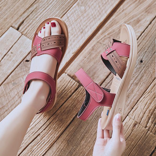 

retro red casual sandals women flat summer shoes hook&loop outdoor comfortable leather sandals women casual sandalias mujer 2020, Black