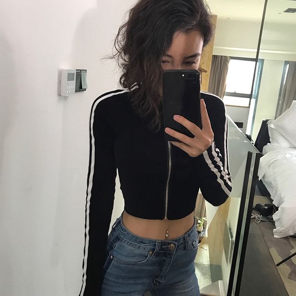 

base long sleeve autumn t-shirt autumn clothes 2019 new zipper contrast color short clothes t-shirt women's women's clothing, White