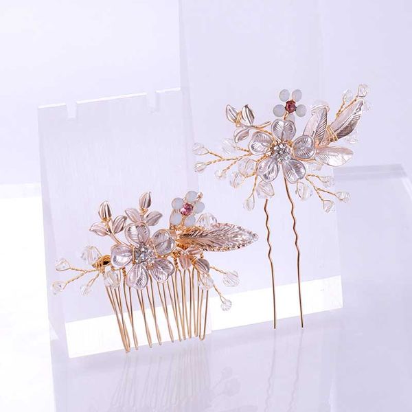 

handmade gold rhinestone leaf flower crystal hair comb hair pin tiara bride stick women wedding jewelry accessories sl, Golden;silver