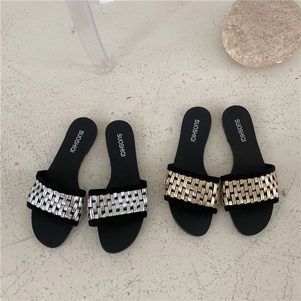 

women slippers metal woven grid women sandal open toe flat casual slides summer outdoor beach female flip flops, Black