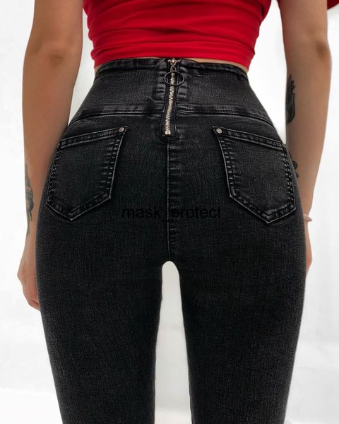 

82123 back zipper high hip-shaped jeans women's dark high waist strap all-match women's pants casual pants, Blue