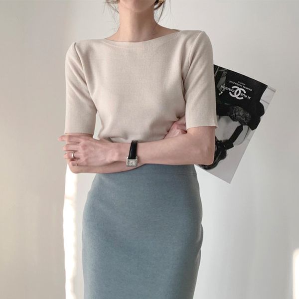 

summer new 2020 word collar t-shirt short-sleeved ice silk sweater women's fit bottoming five-point sleeve thin, White