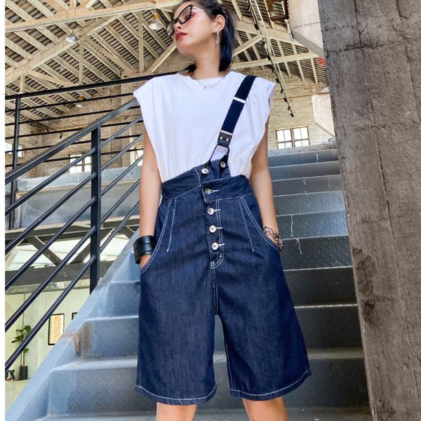 

large size jean jumpsuit ladies summer baggy short overalls casual suspender denim wide leg playsuit blue cowboy rompers shorts, Black;white