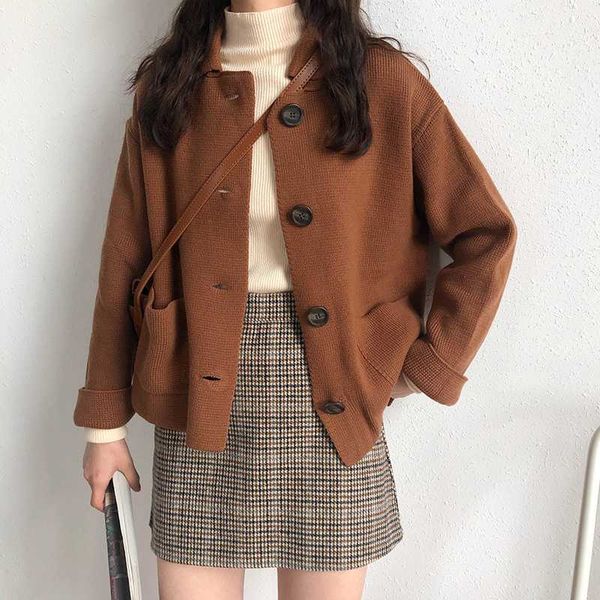 

3 colors 2020 autumn korean style solid color turn down collar knittd cardigans womens sweaters womens (x201, White
