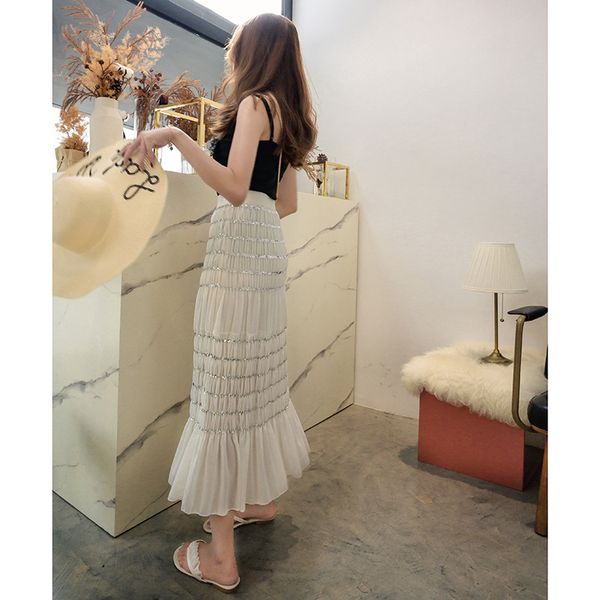 

ins super summer new very fairy small high waist pleated medium length chiffon fishtail sequin skirt skirt, Black