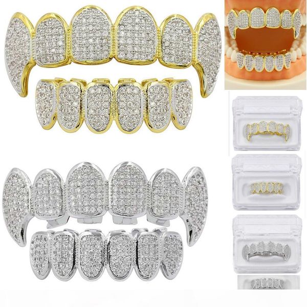 

gold silver color hip hop micro pave cubic zircon teeth grillz caps &bottom men women vampire fangs grills set, Black