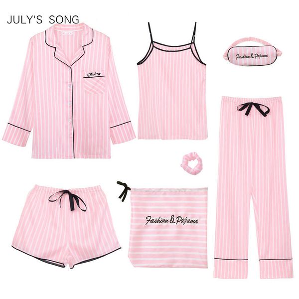 

july's song pink women's 7 pieces pajamas sets emulation silk striped pyjama women sleepwear sets spring summer autumn homewear, Black;white