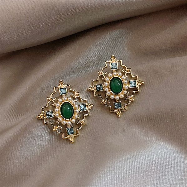 

fyuan vintage baroque hollow alloy stud earrings for women elegant green crystal earrings weddings jewelry gifts, Silver
