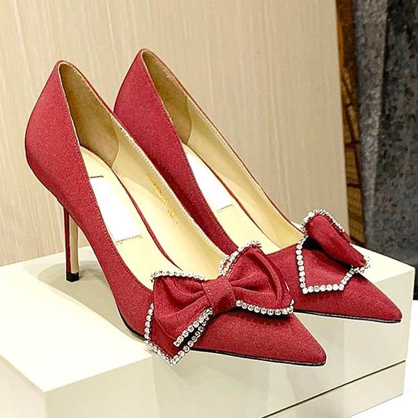 

new ladies shallow mouth pointedhigh heels designer diamond bow bride wedding shoes ladies casual women high heels with originalbox qss, Black