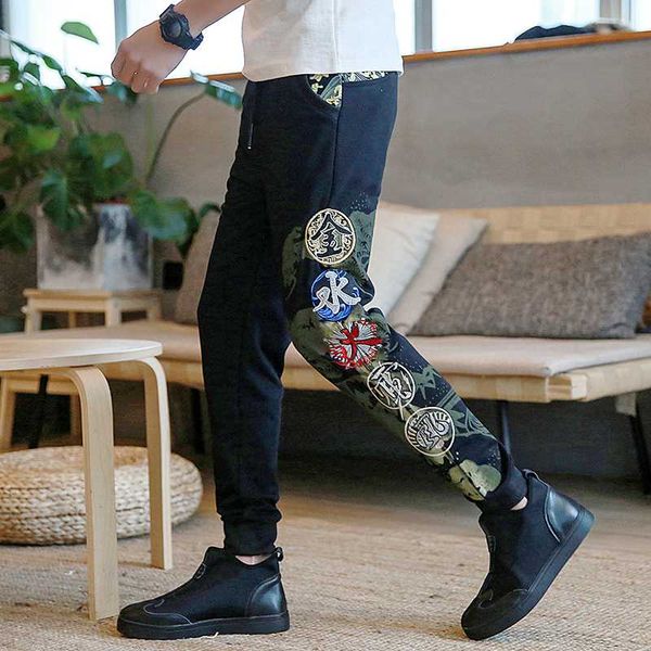 

china kanji cotton pants full length embroidery chinese thin sweatpants, Black
