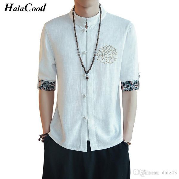 

2018 summer new fashion chinese style men's seven-point sleeve clothing linen shirt cotton linen ethnic style large size shirt, White;black