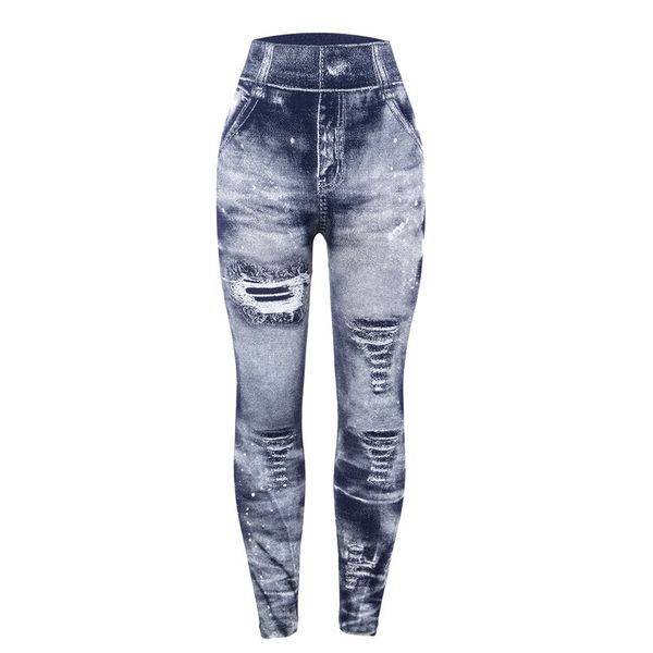 

2020 new women printed imitation jeans fashion elastic high waist leggings, Blue