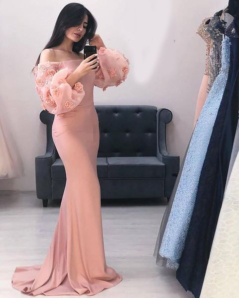 

2020 charming mermaid evening gowns strapless long puff sleeve flower arab prom dresses off the shoulder evening party gowns robe de soire, Black