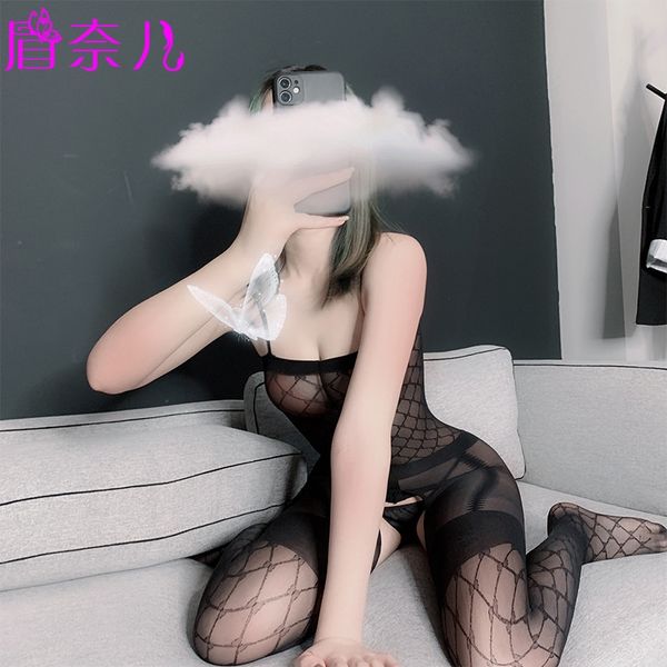 

zm65j underwear extreme underwear clothes clothes temptation breasts set women's transparent hollow-out one-piece stockings open crotch, Black;white