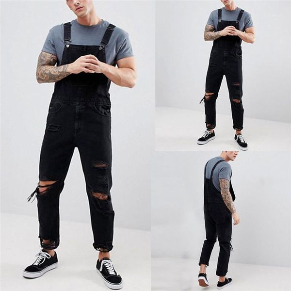 

designer overalls new summer mens holes denim jeans fashion men button fly jeans with pockets mens, Blue