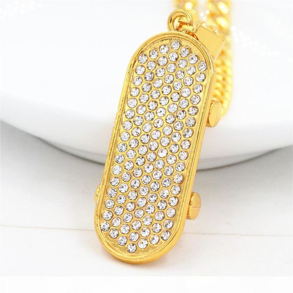 

uodesign new rrived gold tone iced out rhinestone 3d skateboard pendant hip hop mens jewelry with 5mm 75 cm cuban chain, Silver