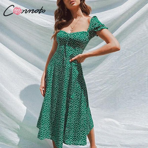 

conmoto summer vintage party dress square collar ruffle elegant dress beach female green floral print mid dresses vestidos, Black;gray