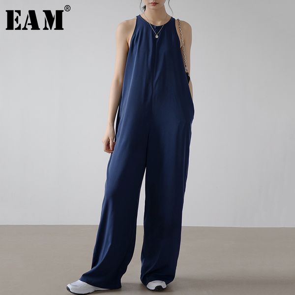 

eam] loose fit women dark blue brief long wide leg jumpsuit new high waist pocket stitch pants fashion spring summer 2020 1x597, Black;white