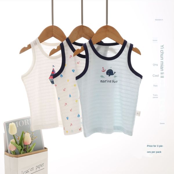 

new cotton bamboo cotton boy vest summer cartoon printed thin baby boy vest three-piece packaging, Blue