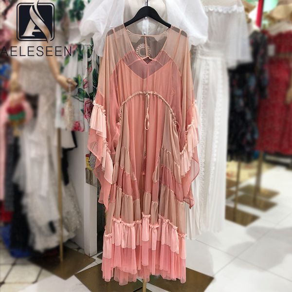 

aeleseen runway fashion women loose dress 2020 v-neck tassel ruffles bohemian loose party holiday irregular dress, Black;gray