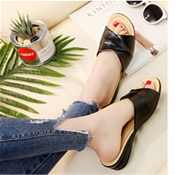 

women's slippers casual slippers women's summer shoes retro solid mother shoes wedge flip flops fashion wild plus size, Black