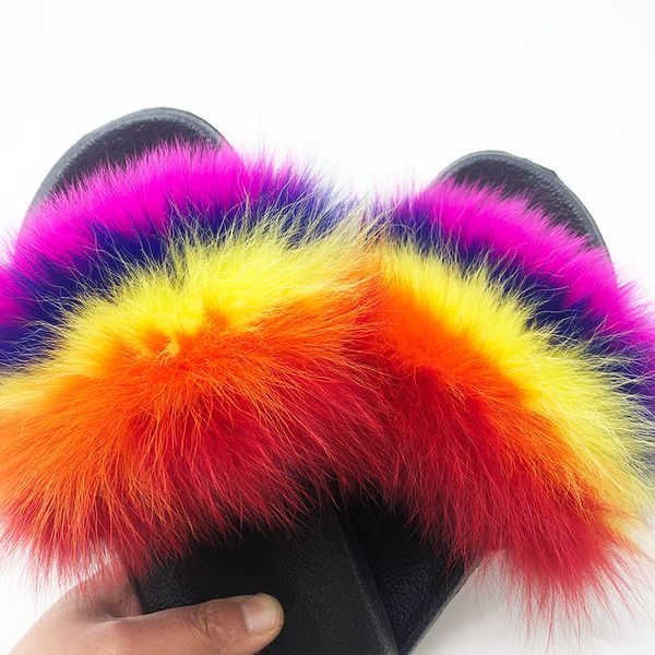 

fashion fur slippers women furry sandals female fur slides fluffy slippers flat shoes woman ladies slippers fur flip flops women y200706, Black