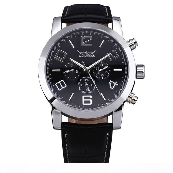 

fashion jaragar brand mechanical watch men steel case calendar hour week dial leather strap male dress automatic wristwatch, Slivery;brown