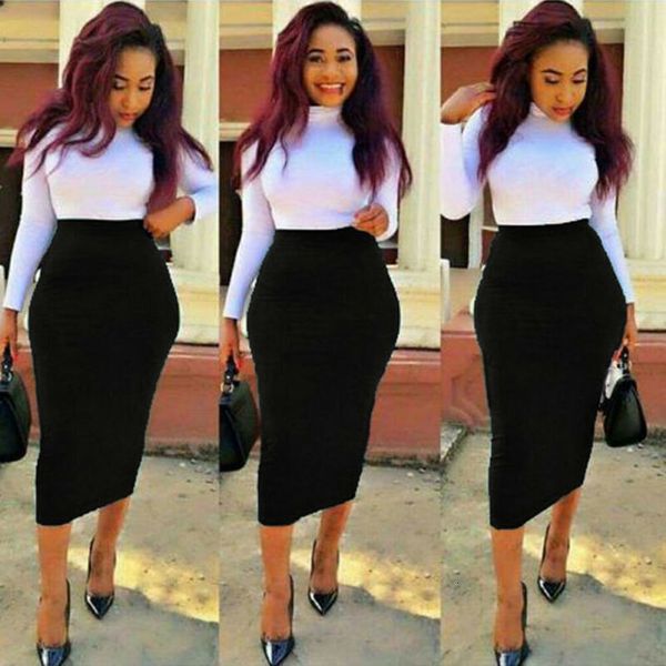 

women high waist midi skirt lady casual office bodycon solid pencil tube skirt bodycon office uniform plain jersey bodycon, Black